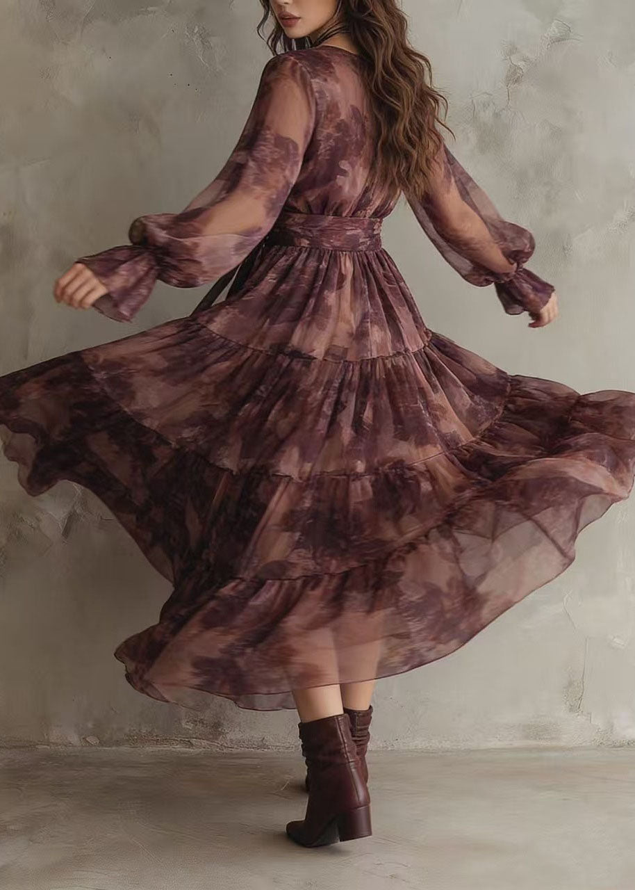 French V Neck Print Patchwork Chiffon Ankle Dress Summer