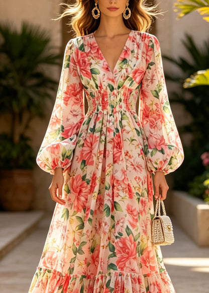French V Neck Print Patchwork Chiffon Dress Lantern Sleeve