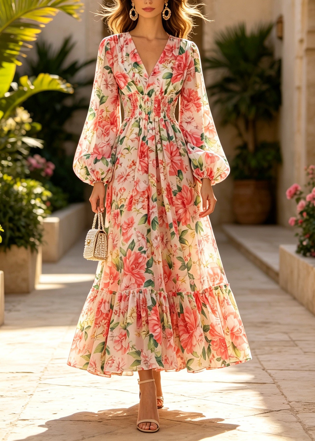 French V Neck Print Patchwork Chiffon Dress Lantern Sleeve