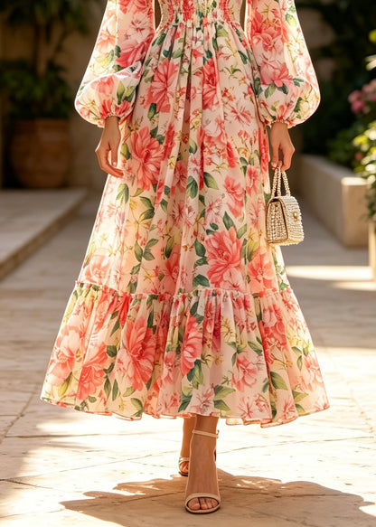 French V Neck Print Patchwork Chiffon Dress Lantern Sleeve