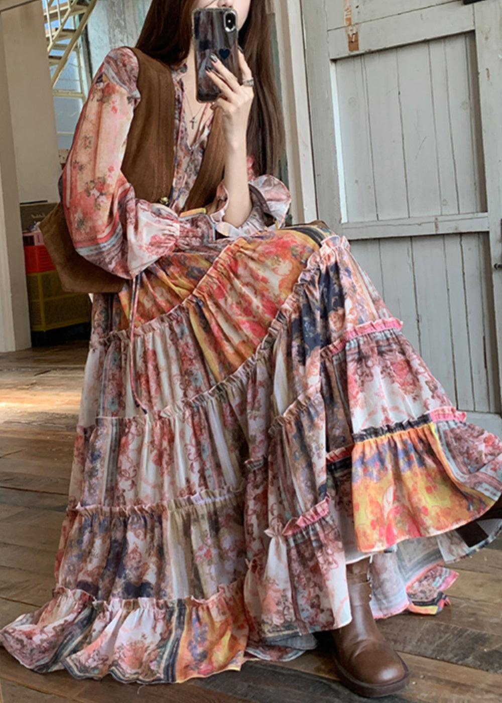 French V Neck Print Waistcoat And Maxi Dress Two Pieces Set Flare Sleeve