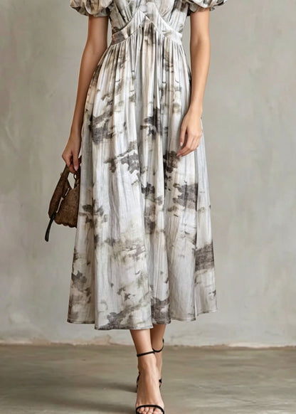 French V Neck Puff Sleeve Print Wrinkled Cotton Long Dress