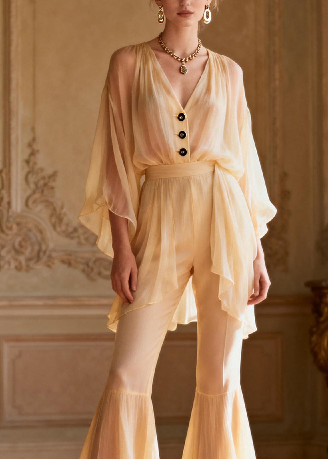 French V Neck Ruffled Patchwork Silk Two Piece Set Outfits Summer