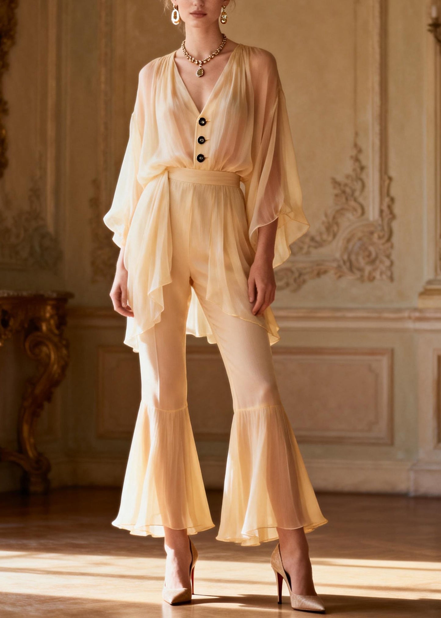 French V Neck Ruffled Patchwork Silk Two Piece Set Outfits Summer