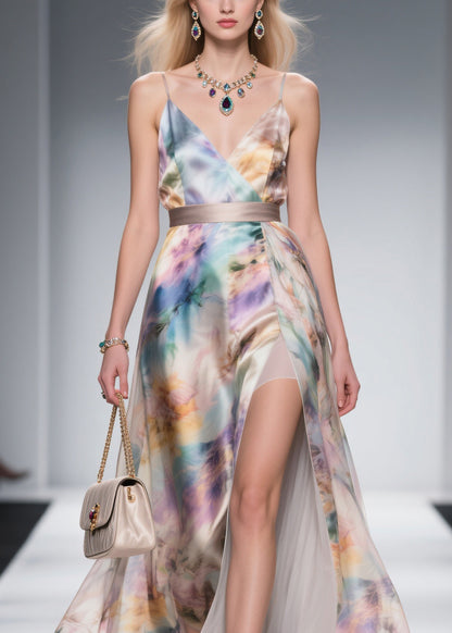 French V Neck Side Open Silk Maxi Spaghetti Strap Dress Summer