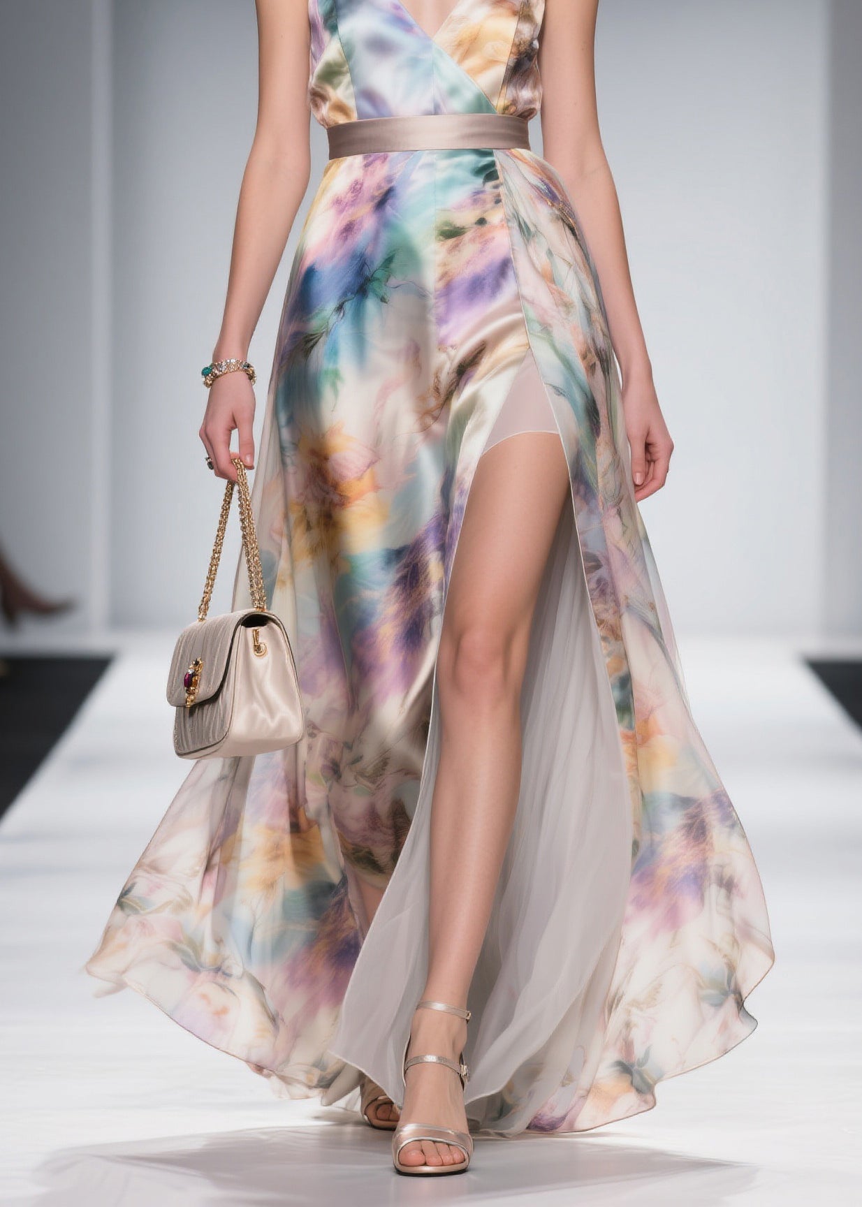 French V Neck Side Open Silk Maxi Spaghetti Strap Dress Summer