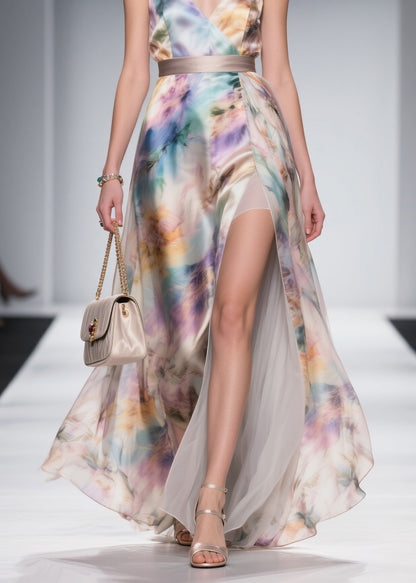 French V Neck Side Open Silk Maxi Spaghetti Strap Dress Summer