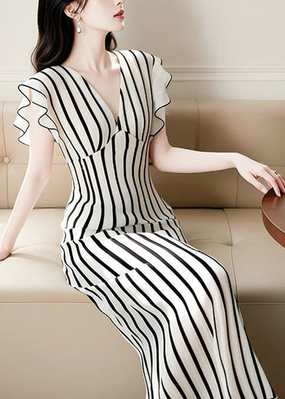 French V Neck Striped High Waist Chiffon Dress Summer