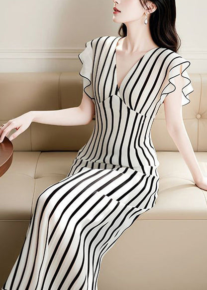 French V Neck Striped High Waist Chiffon Dress Summer
