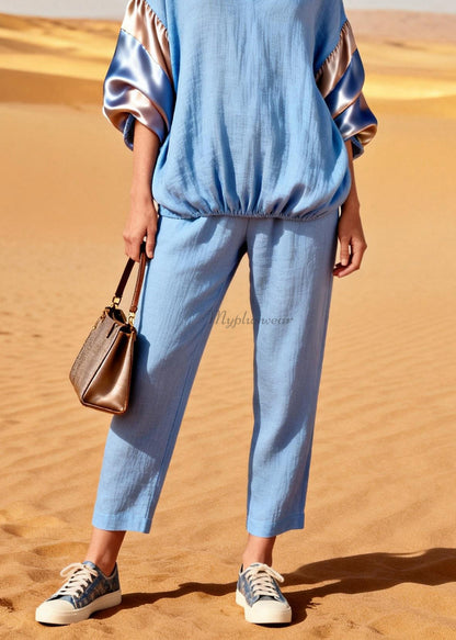 French V Neck Tops And Pants Silk Patchwork Linen Two Pieces Set Spring