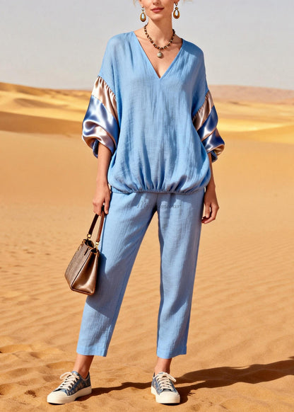 French V Neck Tops And Pants Silk Patchwork Linen Two Pieces Set Spring