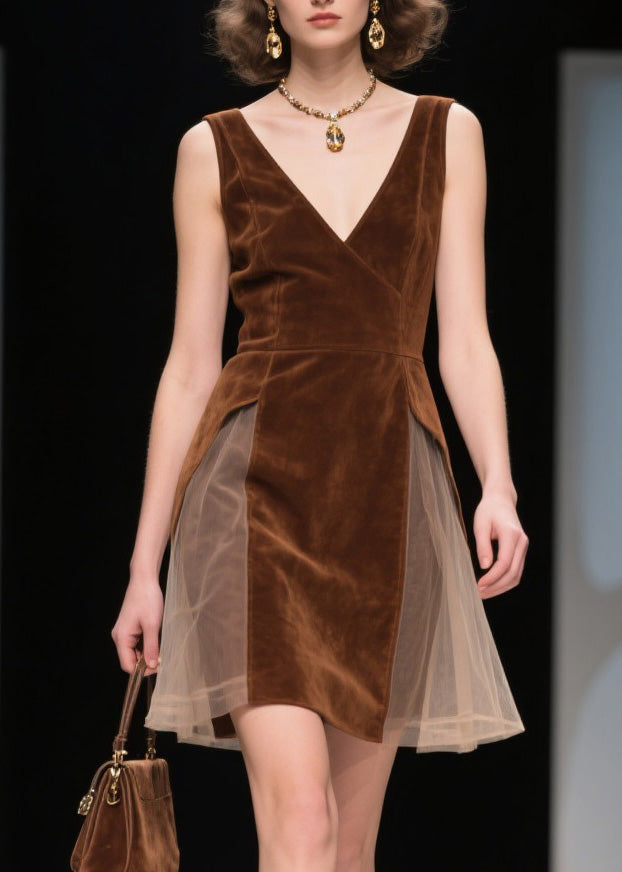 French V Neck Tulle Patchwork Velvet Dress Sleeveless