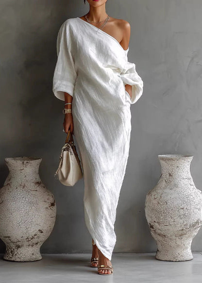 French White Asymmetrical Design Maxi Dresses Spring
