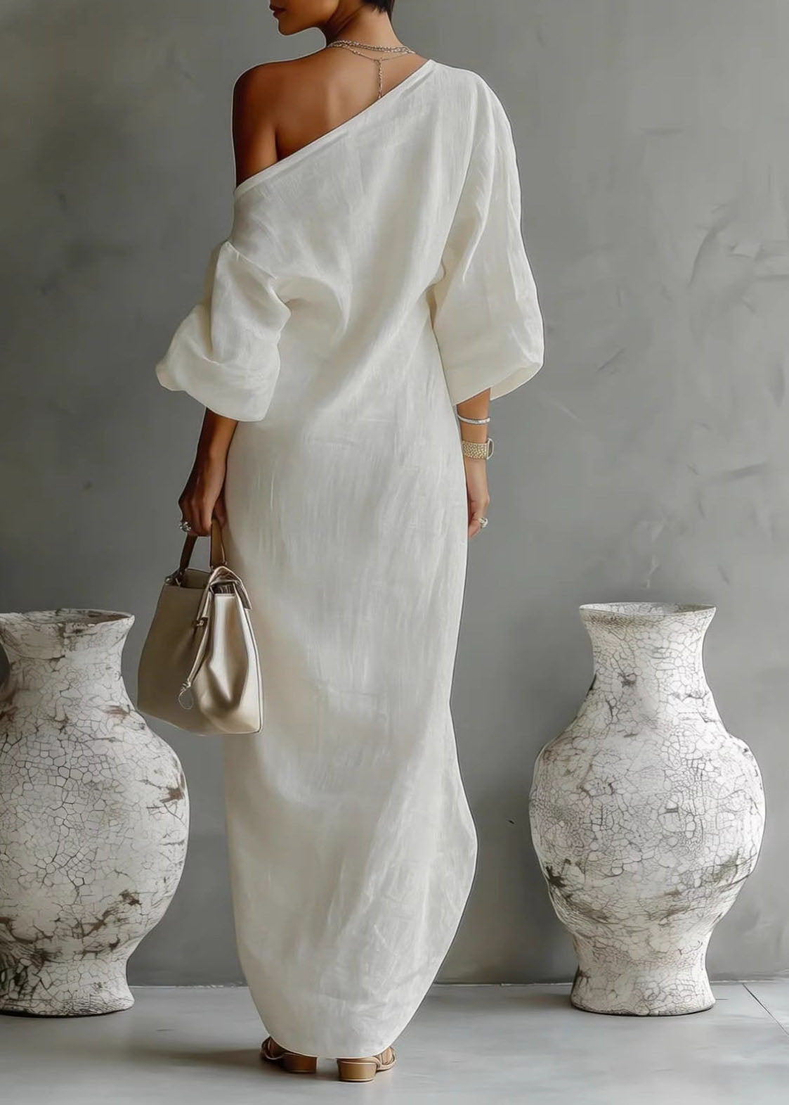 French White Asymmetrical Design Maxi Dresses Spring