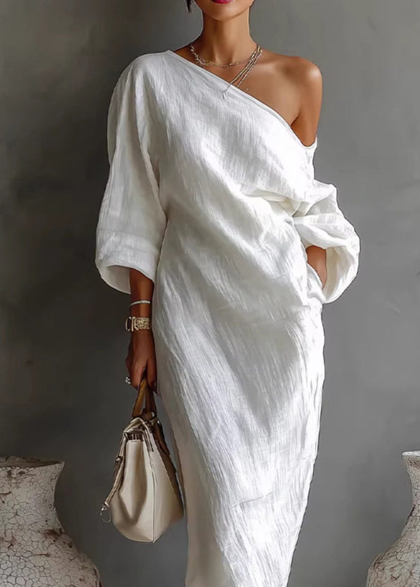 French White Asymmetrical Design Maxi Dresses Spring