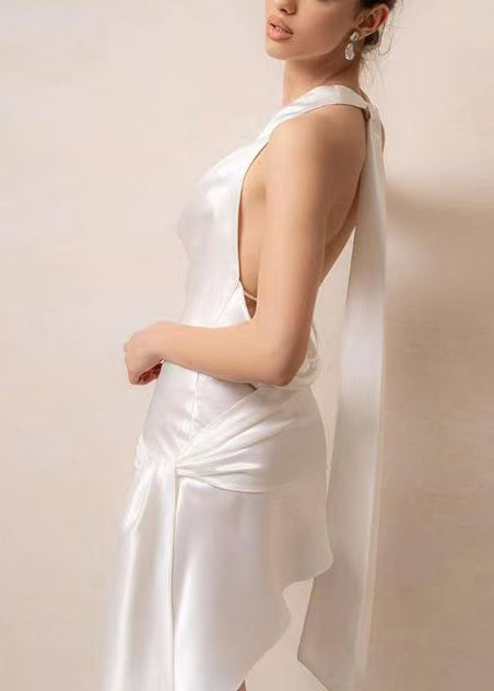 French White Asymmetrical Floral Silk Mini Dresses Summer