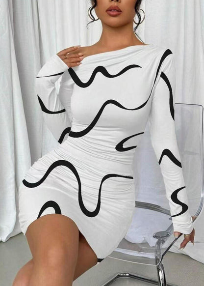 French White Asymmetrical Wraped Print Cotton Dresses Summer