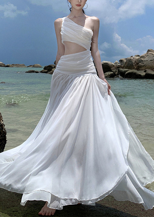 French White Asymmetrical Wrinkled Chiffon Vacation Dresses Sleeveless