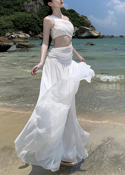 French White Asymmetrical Wrinkled Chiffon Vacation Dresses Sleeveless