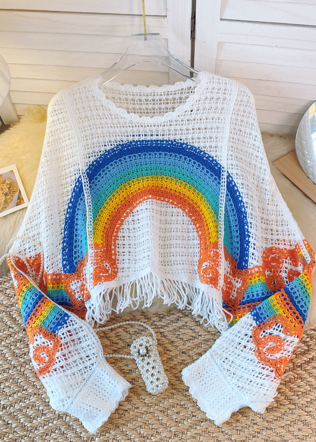 French White Blue Tassel Hollowed Out Rainbow Print Knitted Sweater Autumn