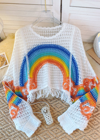 French White Blue Tassel Hollowed Out Rainbow Print Knitted Sweater Autumn