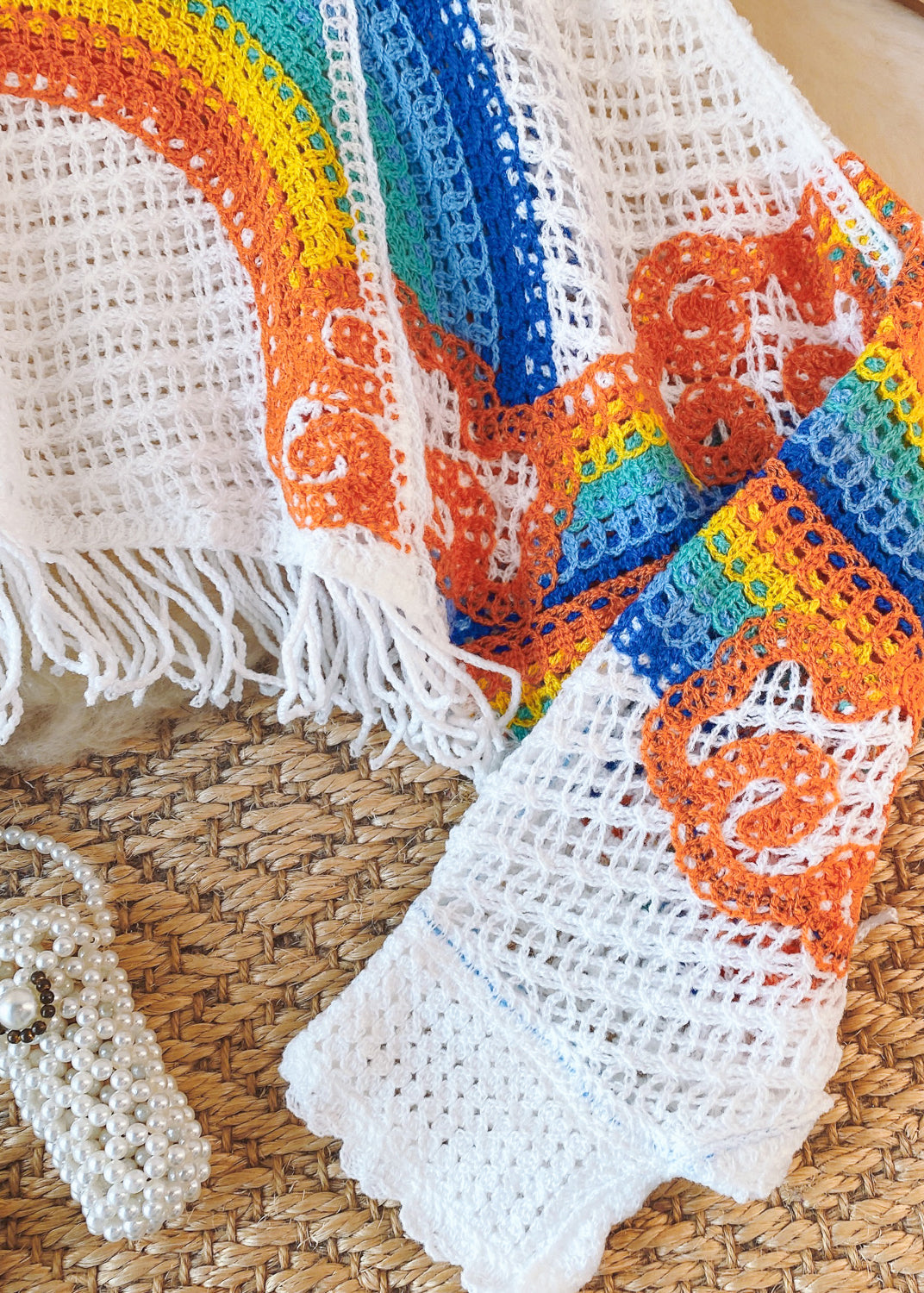 French White Blue Tassel Hollowed Out Rainbow Print Knitted Sweater Autumn