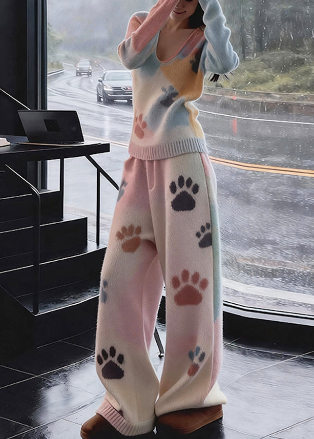 French White Character Print Knit Two Pieces Set Fall