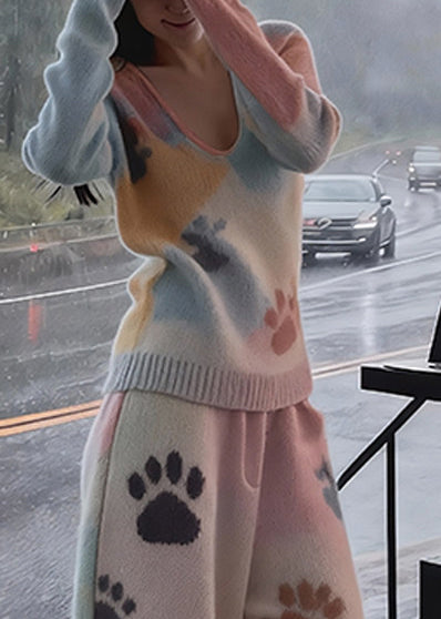 French White Character Print Knit Two Pieces Set Fall