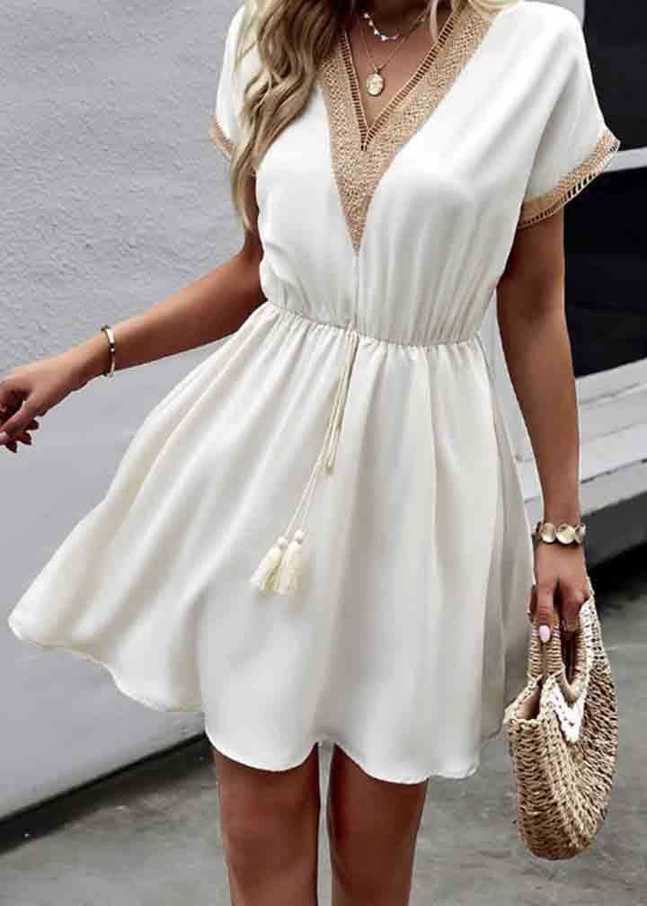 French White Cinched Patchwork Lace Mini Dress Summer