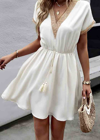 French White Cinched Patchwork Lace Mini Dress Summer