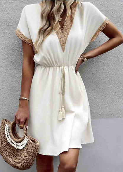 French White Cinched Patchwork Lace Mini Dress Summer