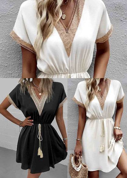 French White Cinched Patchwork Lace Mini Dress Summer