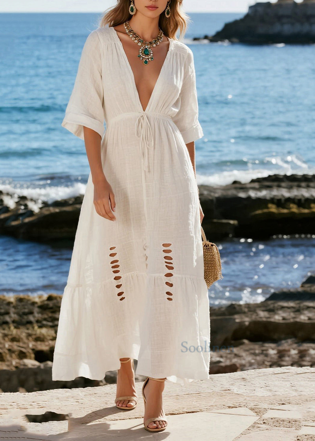 French White Cinched Ripped Cotton Beach Dress Summer