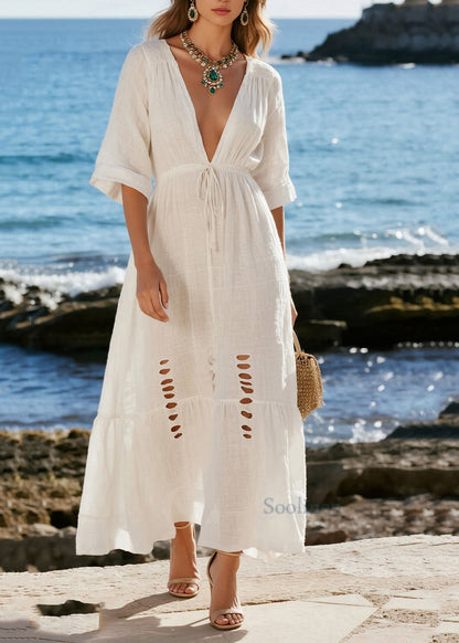 French White Cinched Ripped Cotton Beach Dress Summer