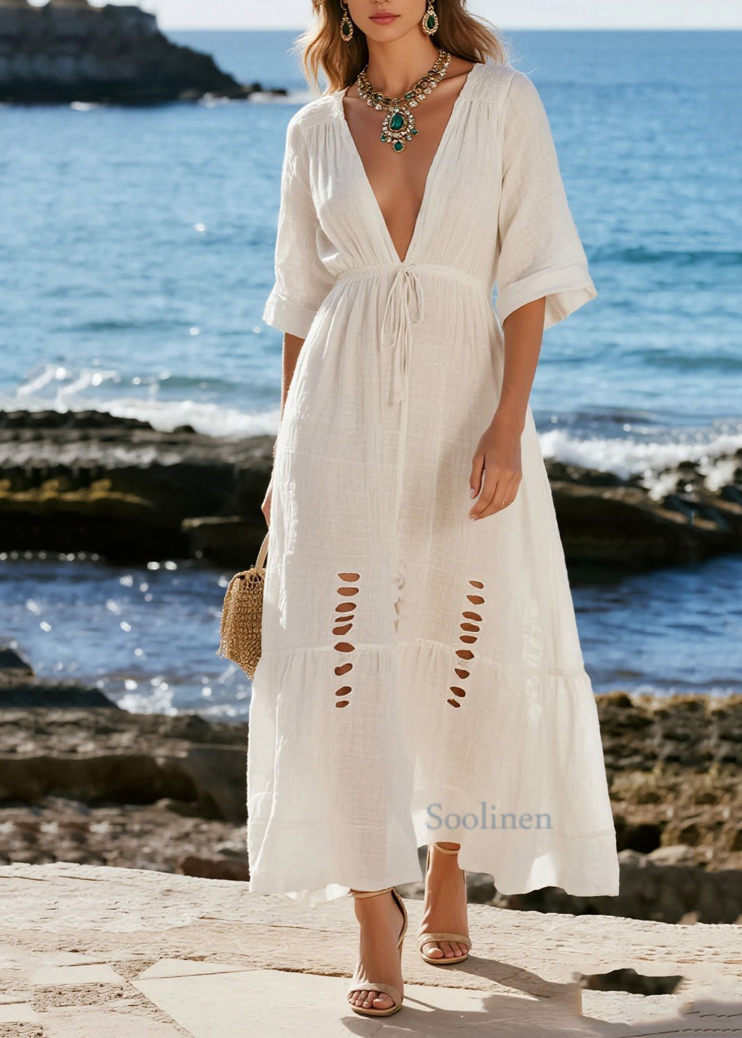 French White Cinched Ripped Cotton Beach Dress Summer