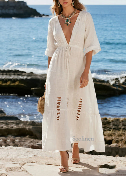 French White Cinched Ripped Cotton Beach Dress Summer
