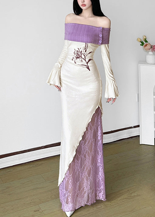 French White Cold Shoulder Patchwork Cotton Party Dress Spring