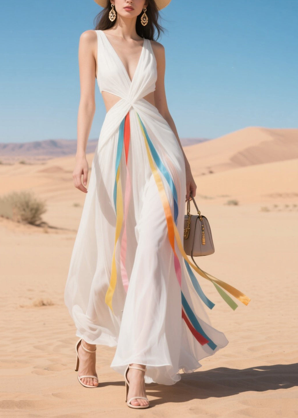 French White Cold Waist Multicolour Ribbon Chiffon Ankle Dress Summer