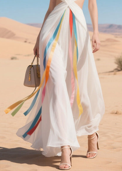 French White Cold Waist Multicolour Ribbon Chiffon Ankle Dress Summer