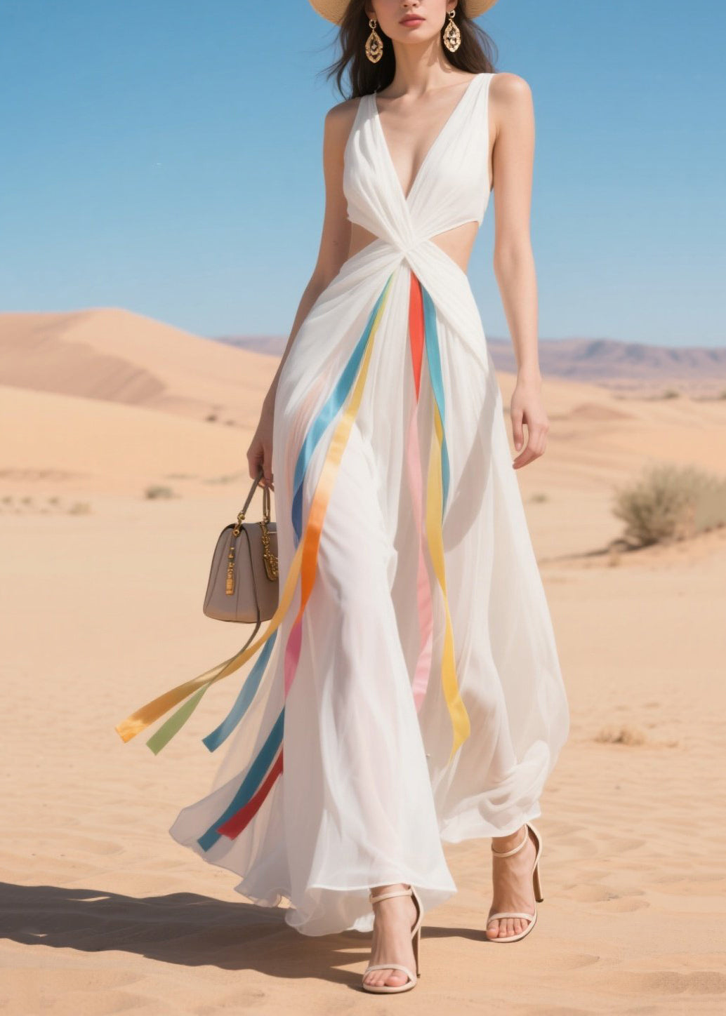 French White Cold Waist Multicolour Ribbon Chiffon Ankle Dress Summer