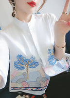 French White Embroidered Button Cotton Shirts Bracelet Sleeve