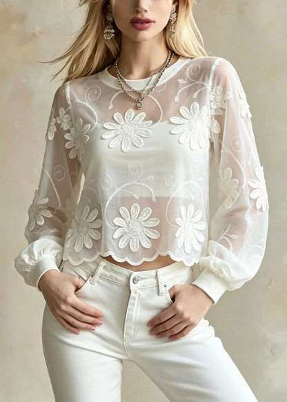 French White Embroidered Floral Cotton Blouse Top Summer