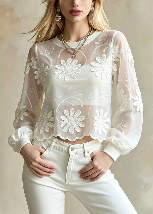 French White Embroidered Floral Cotton Blouse Top Summer