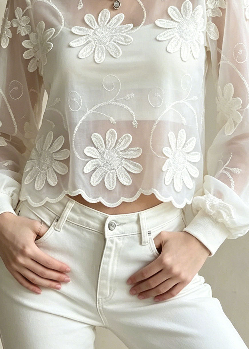 French White Embroidered Floral Cotton Blouse Top Summer