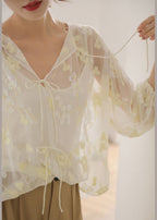 French White Embroidered Lace Up Silk Shirt Bracelet Sleeve