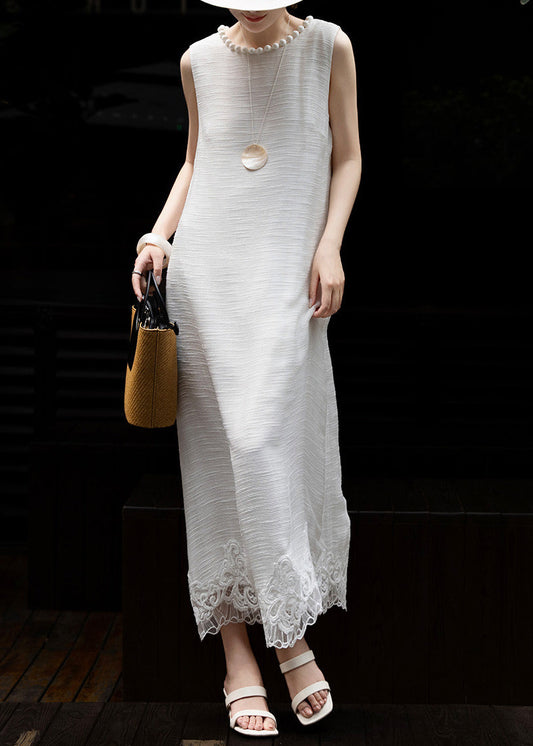 French White Embroidered Patchwork Fine Pearl Silk Dresses Sleeveless