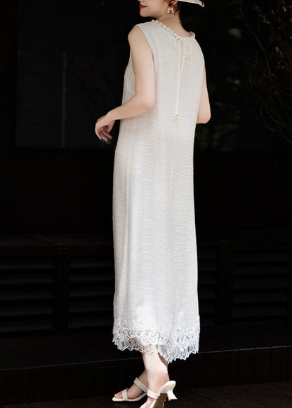 French White Embroidered Patchwork Fine Pearl Silk Dresses Sleeveless
