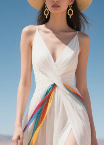 French White Exra Large Hem Side Open Chiffon Vestidos Dress Summer