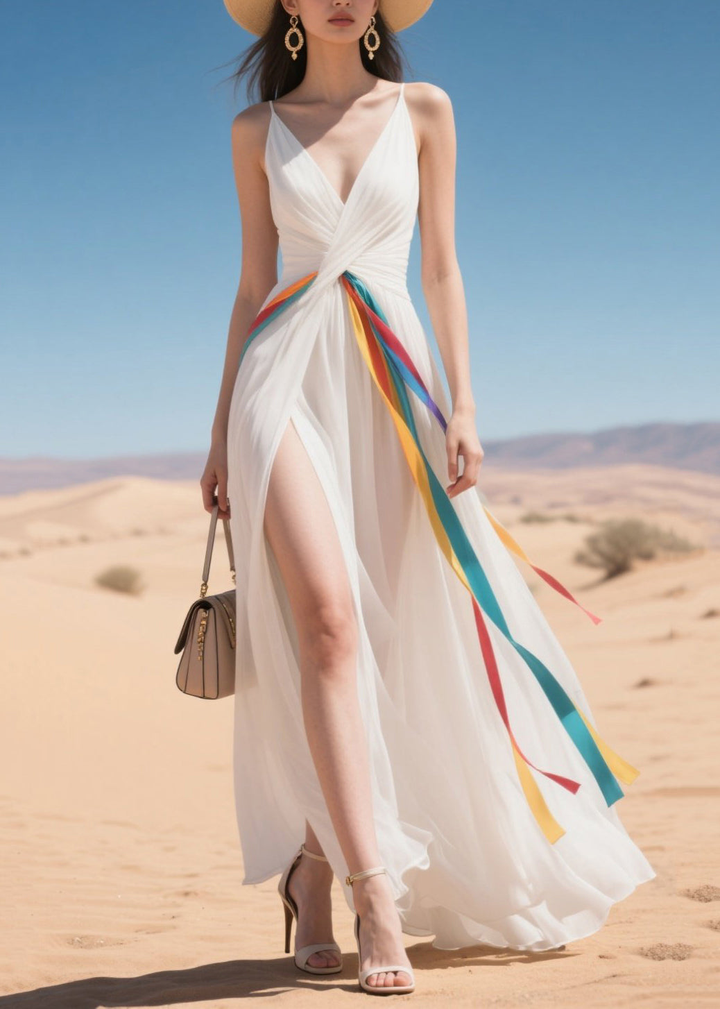 French White Exra Large Hem Side Open Chiffon Vestidos Dress Summer