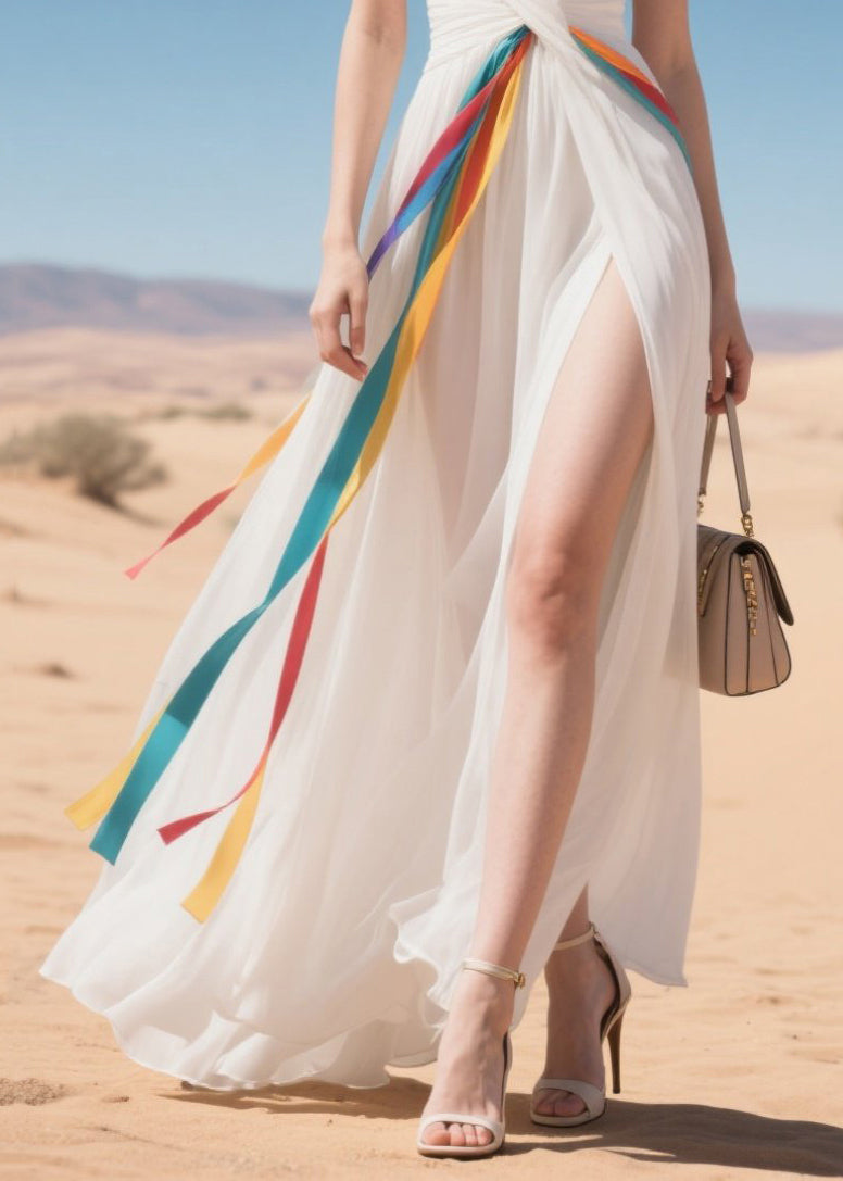 French White Exra Large Hem Side Open Chiffon Vestidos Dress Summer